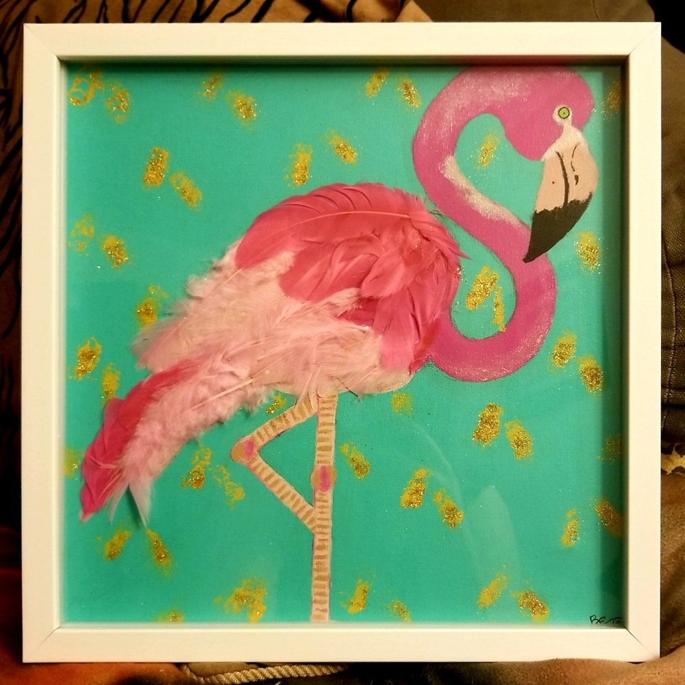 Orig. 12x12" Flamingo Painting feat. Real Feathers